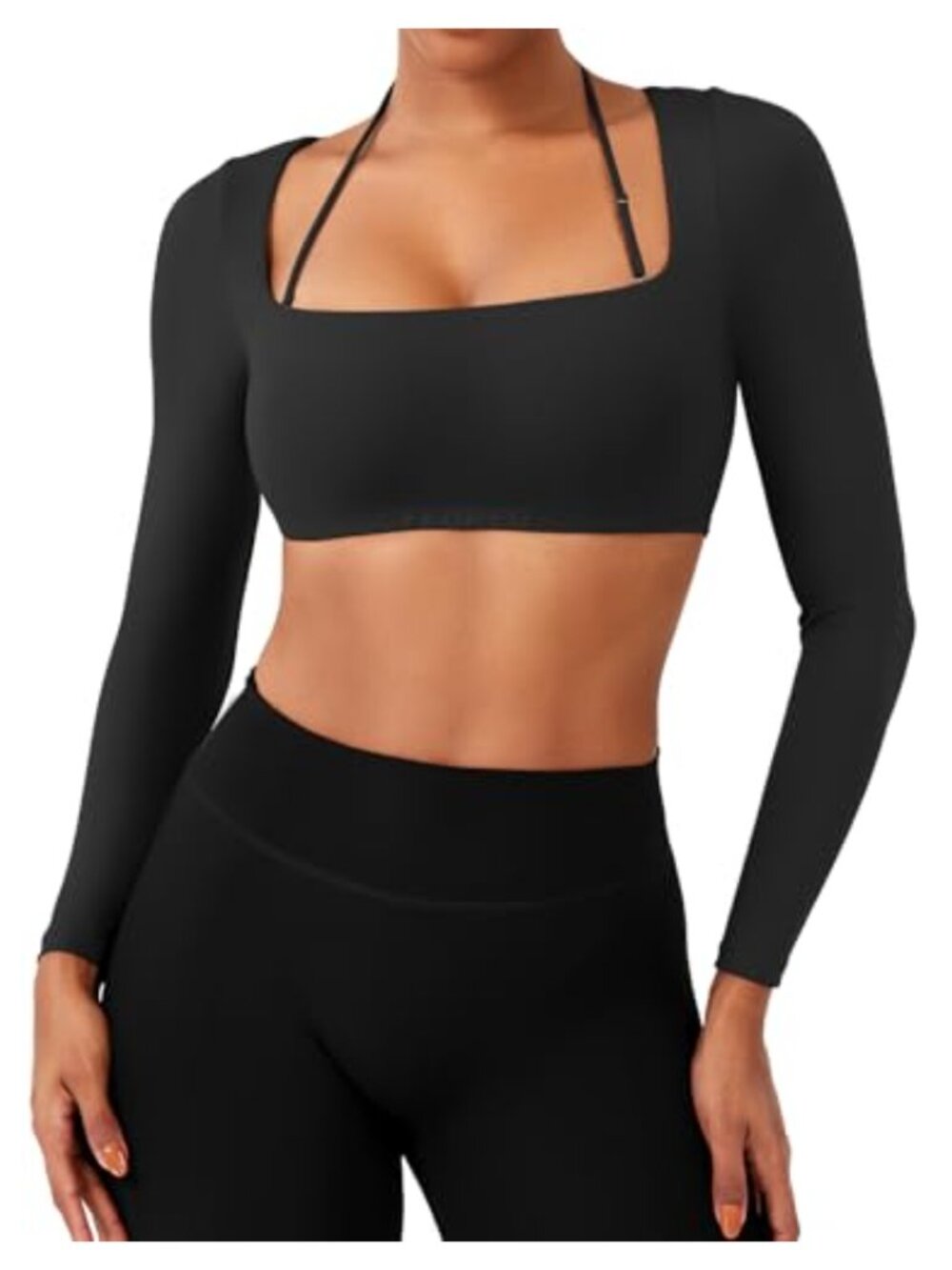 Long Sleeve Square Neck Crop Top Padded Yoga Workout T Shirt Detachable Straps